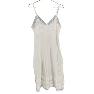 Vintage Adonna Full Slip Womens 36 White Silky‎ Satin Lace V-neck